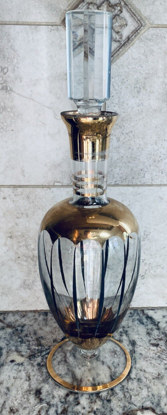 Vintage MCM Bohemia Crystal Glass Decanter Gold Black Gorgeous Antique Beautiful